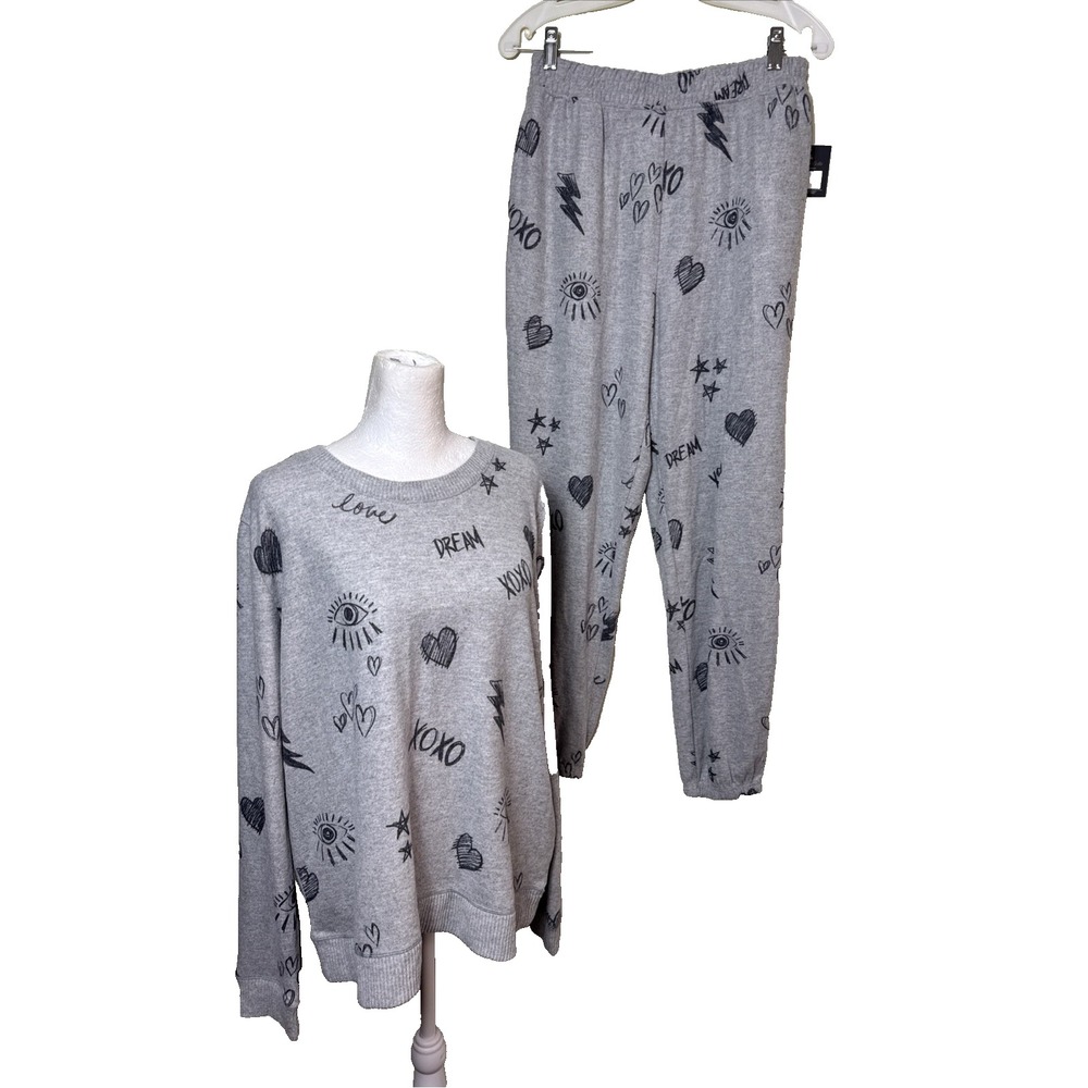 BumbleBella Jogger Set NWT M Top S Bottom Gray Hearts Sweatshirt Sweatpants